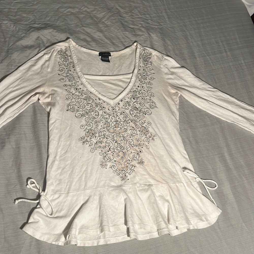 white long sleeve blouse , printed sparkly y2k design